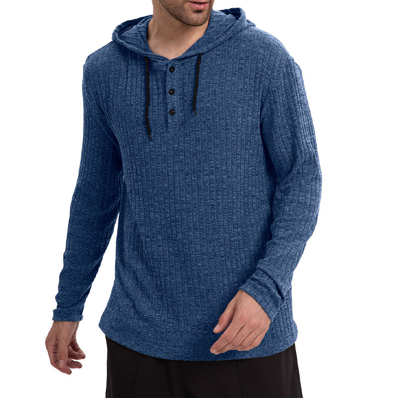 Long-sleeve Casual Pullover Hoodie With Drawstring And Buttons