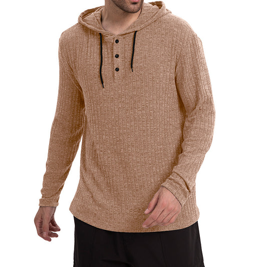 Long-sleeve Casual Pullover Hoodie With Drawstring And Buttons